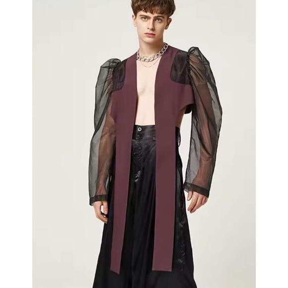 GOTH Mesh Puff Long Sleeve Blazer See Through Wine Black NEW TAGS Men’s Size S - Picture 1 of 10